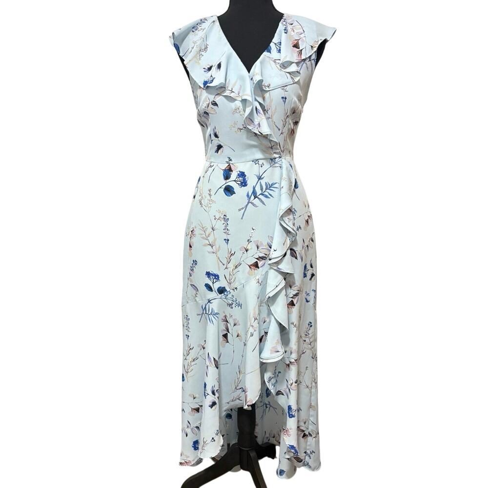 Banana Republic Womens 6 Petite Blue Floral Ruffle Maxi Dress High Low